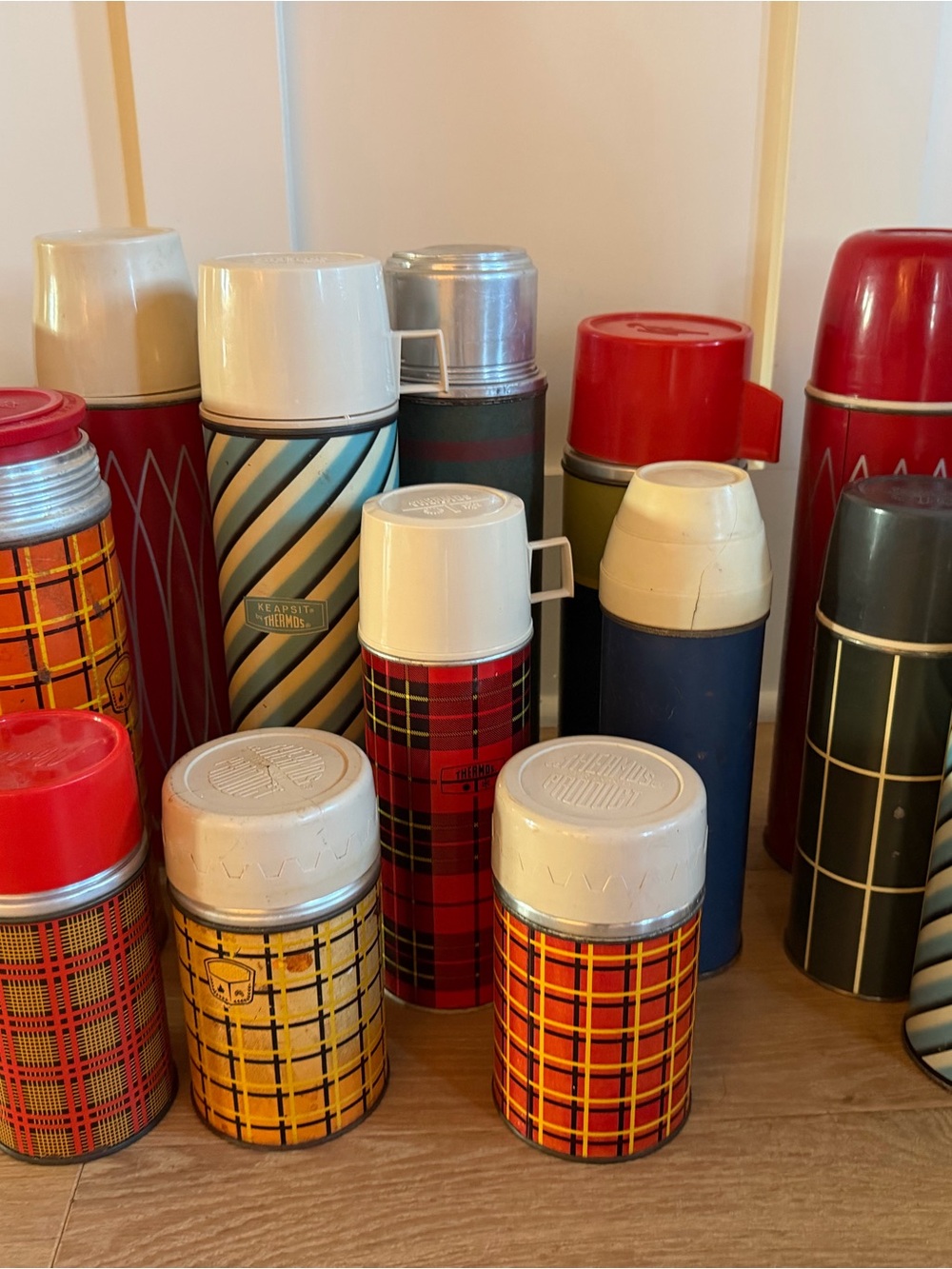 Lot of 15 Vintage Plaid Thermos Bottle - Red, Yellow, Blue